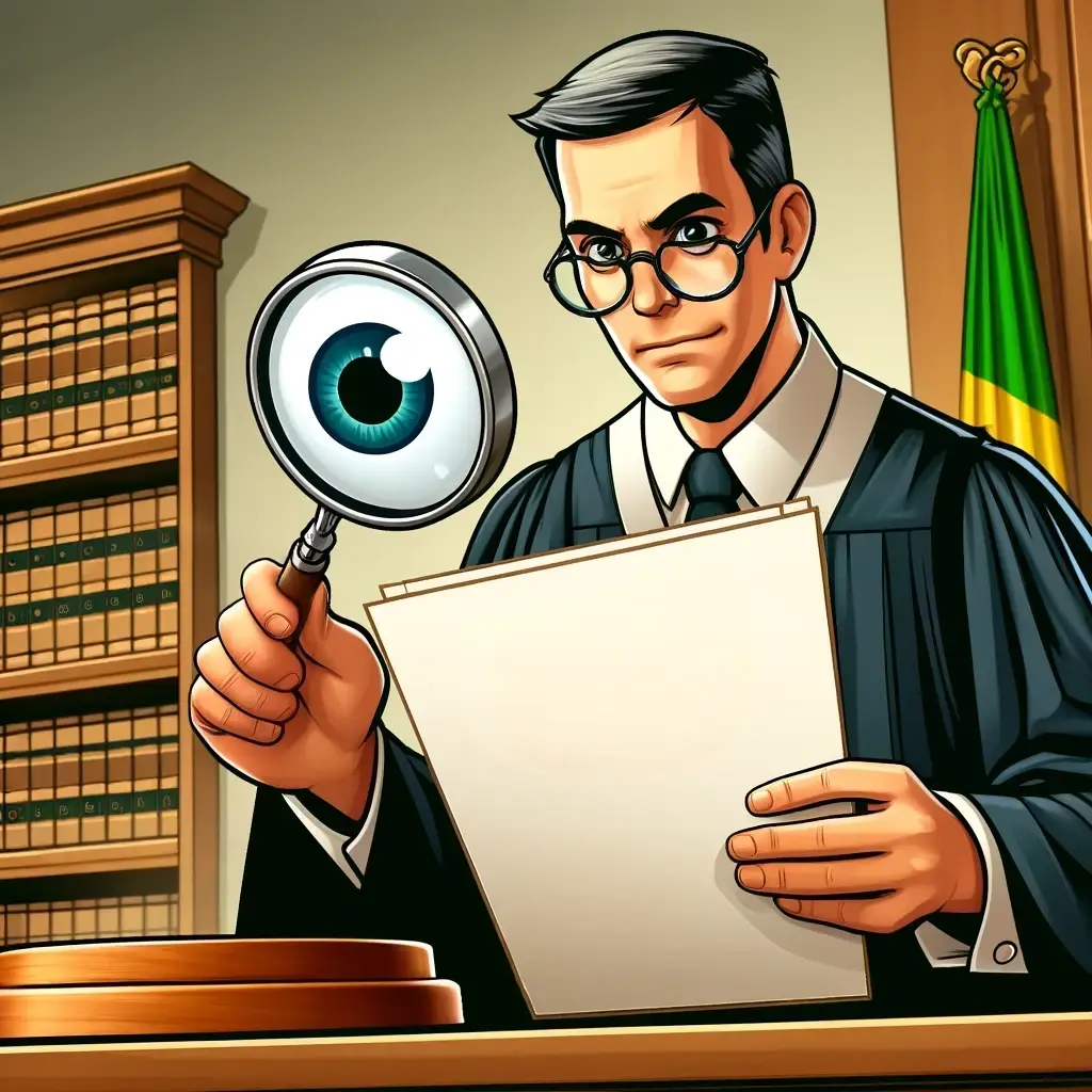 Juiz homem com lupa olhando um documento que está segurando.