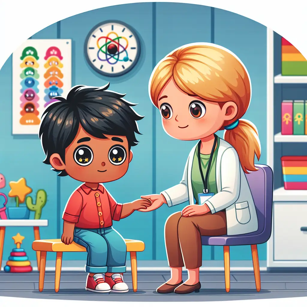 Uma médica sorridente mostra um pôster sobre cuidados de saúde para o autismo a duas crianças, criando um ambiente acolhedor e informativo.