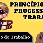 Menino de terno e gravata, no estilo cartoon, versão cute, com olhos expressivos, segurando um livro e ao lado da balança da justiça.